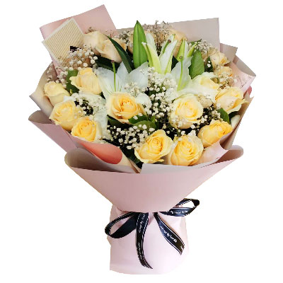 恩施17朵香槟玫瑰百合，爱不惧风雨