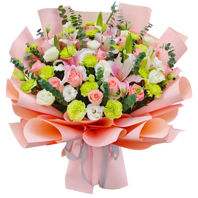 恩施16朵粉玫瑰百合康乃馨，宁静和温柔
